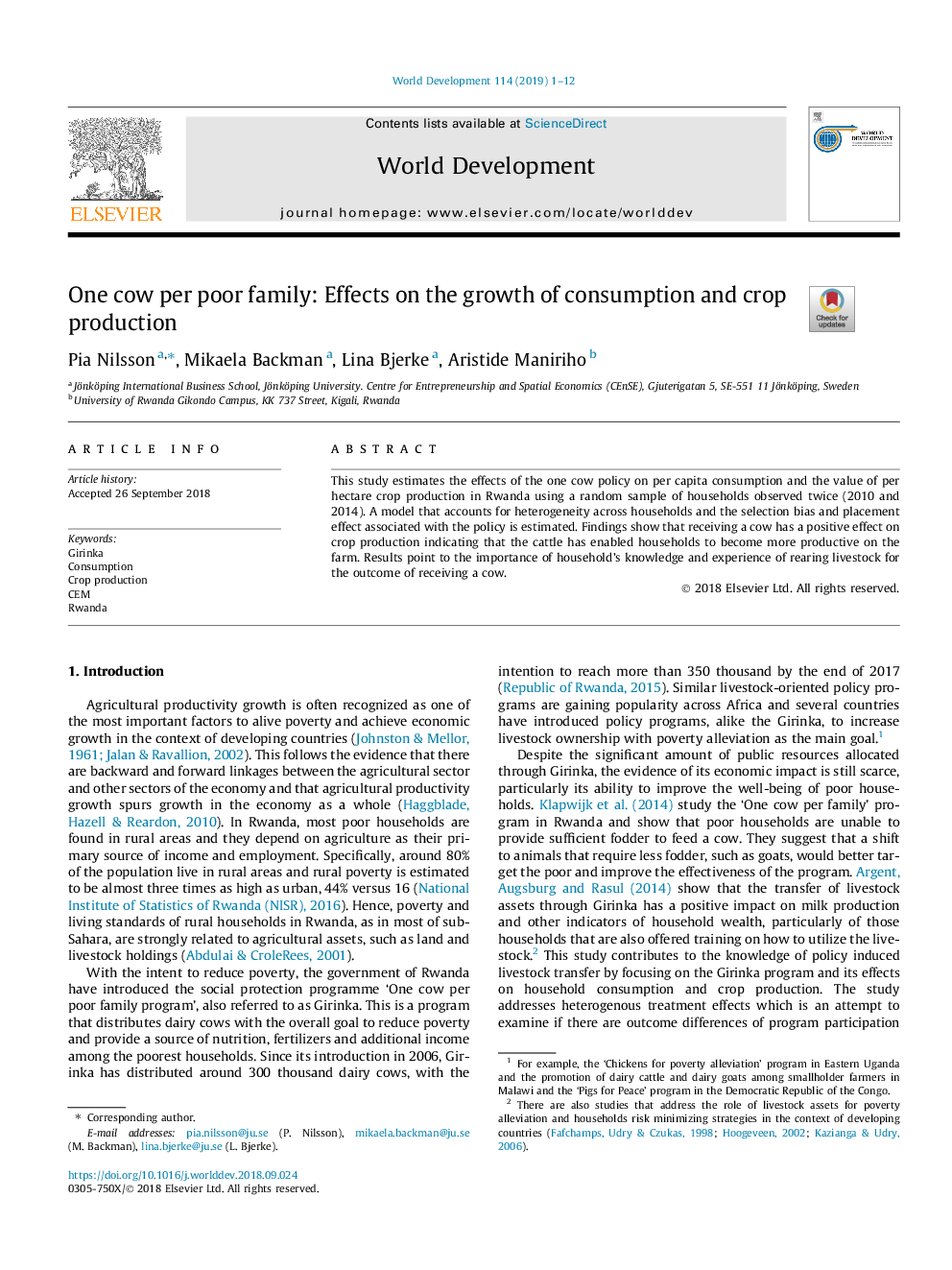 One cow per poor family: Effects on the growth of consumption and crop production