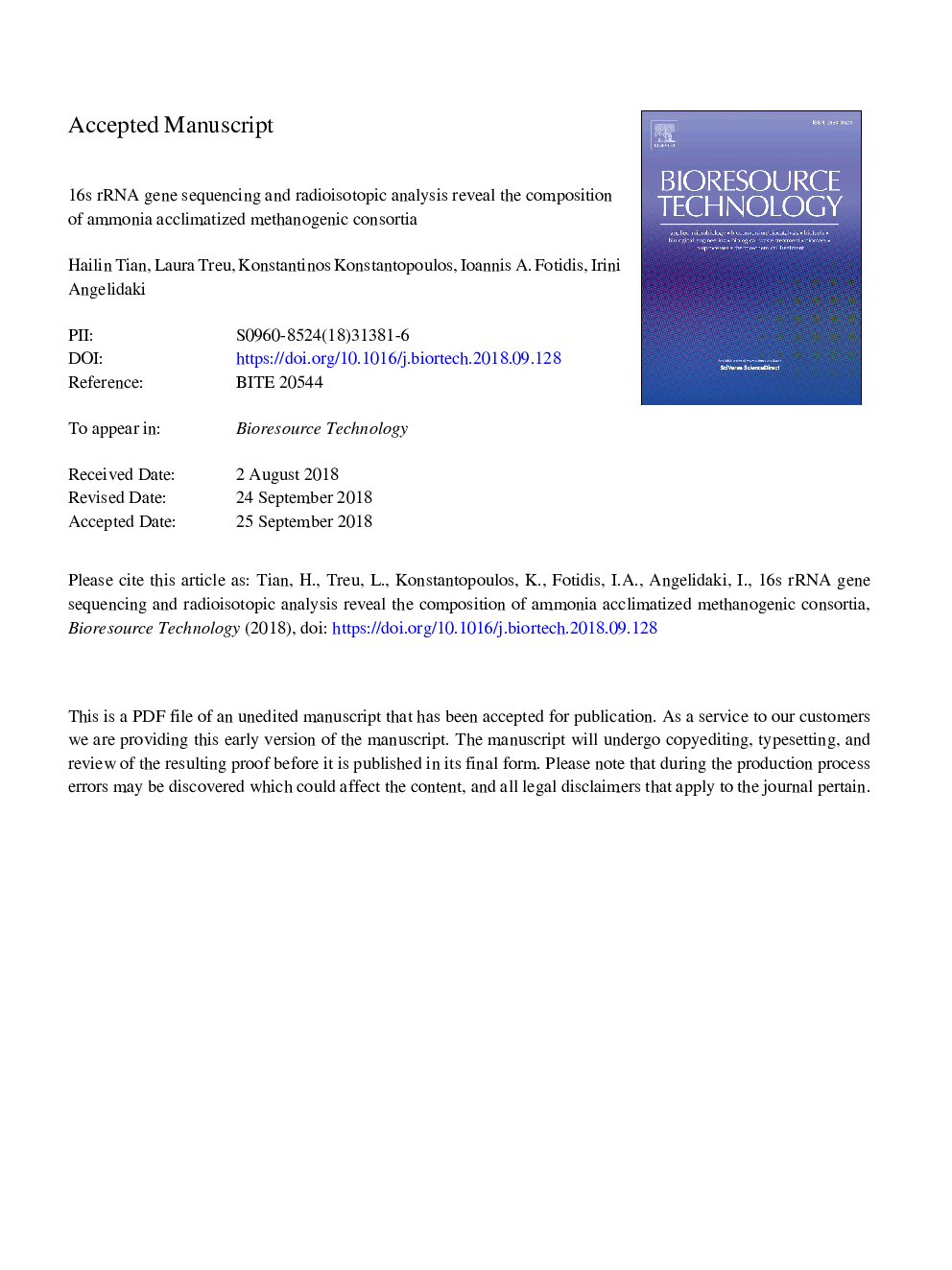 16s rRNA gene sequencing and radioisotopic analysis reveal the composition of ammonia acclimatized methanogenic consortia