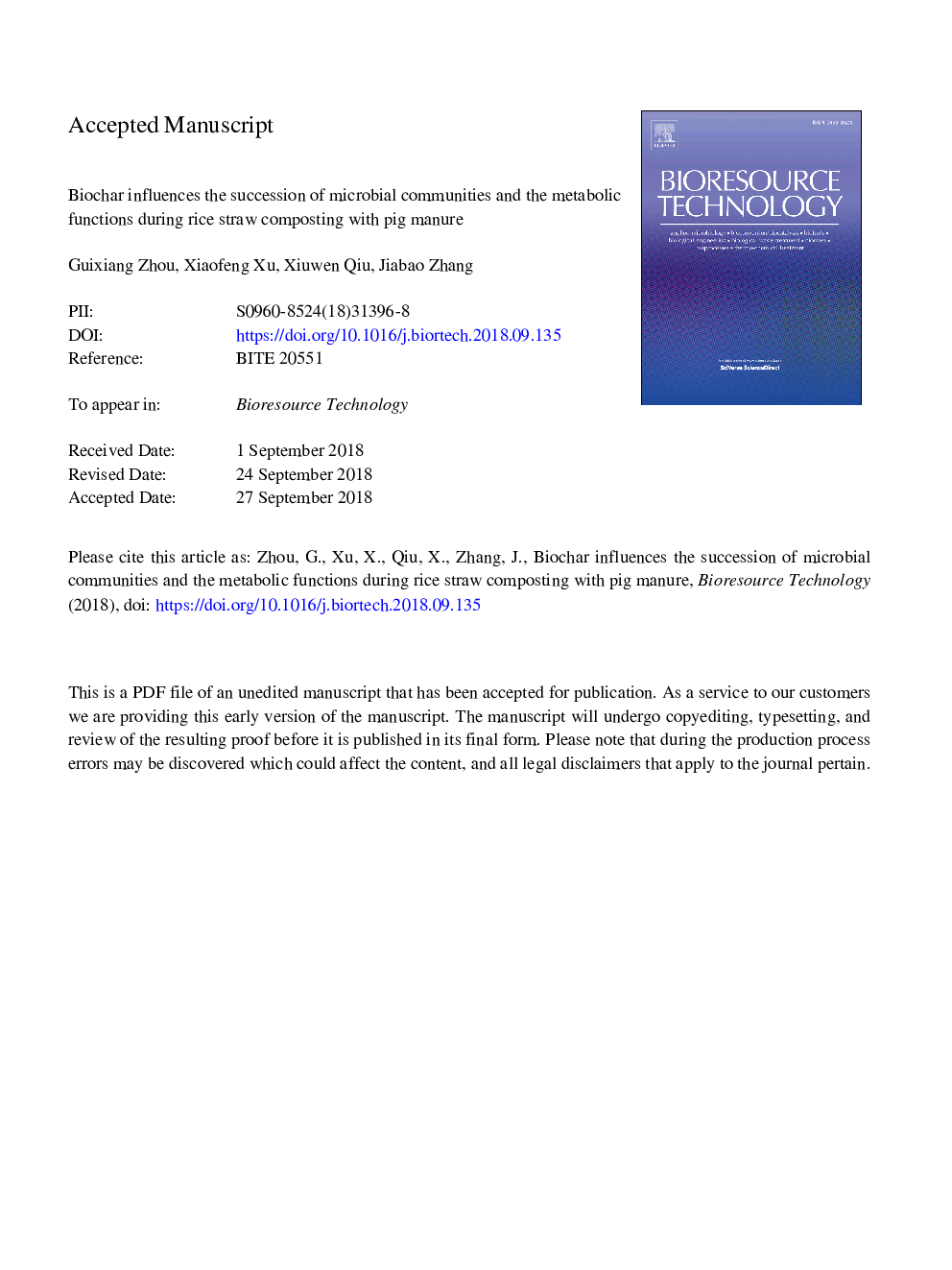 Biochar influences the succession of microbial communities and the metabolic functions during rice straw composting with pig manure