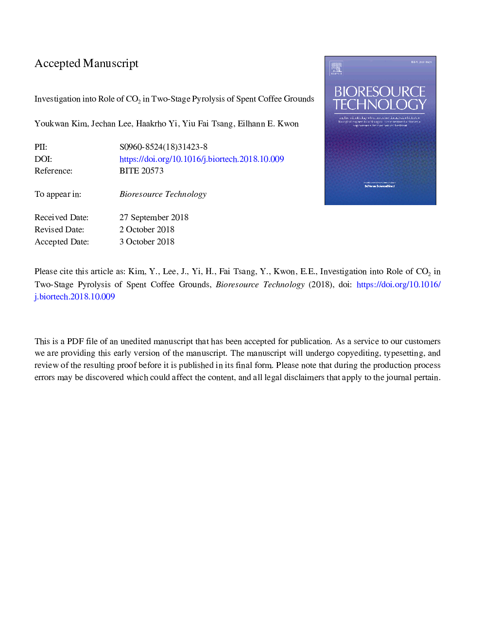 Investigation into role of CO2 in two-stage pyrolysis of spent coffee grounds