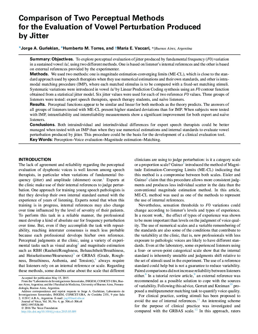 Comparison of Two Perceptual Methods forÂ theÂ Evaluation of Vowel Perturbation Produced by Jitter