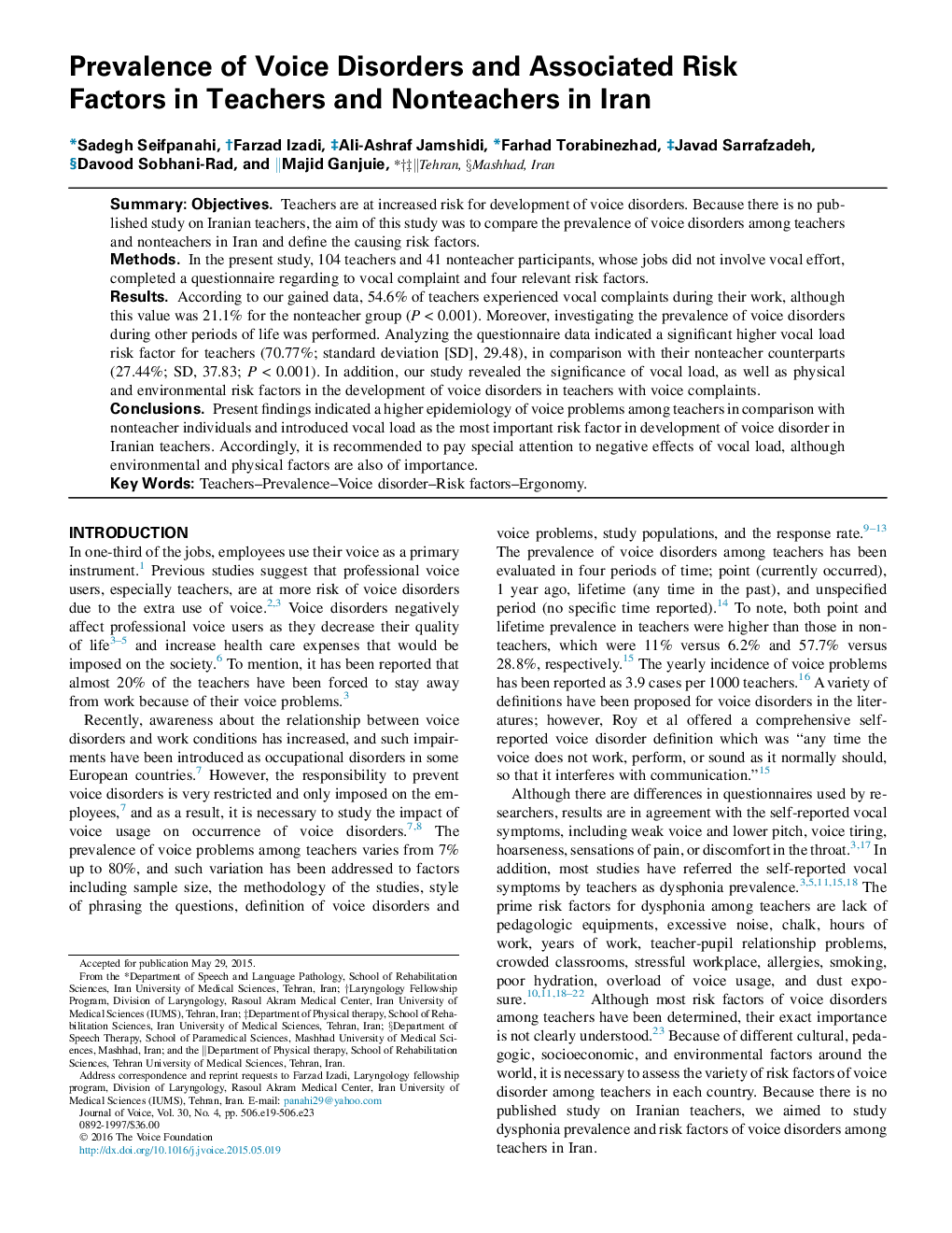 شیوع اختلالات صوتی و عوامل مرتبط با آن در معلمان و غیر شاگردان در ایران 