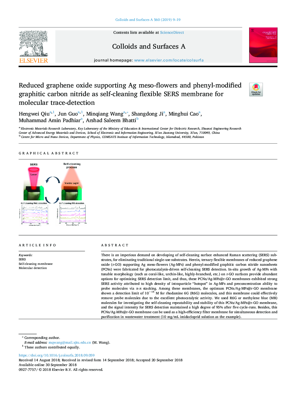 Reduced graphene oxide supporting Ag meso-flowers and phenyl-modified graphitic carbon nitride as self-cleaning flexible SERS membrane for molecular trace-detection