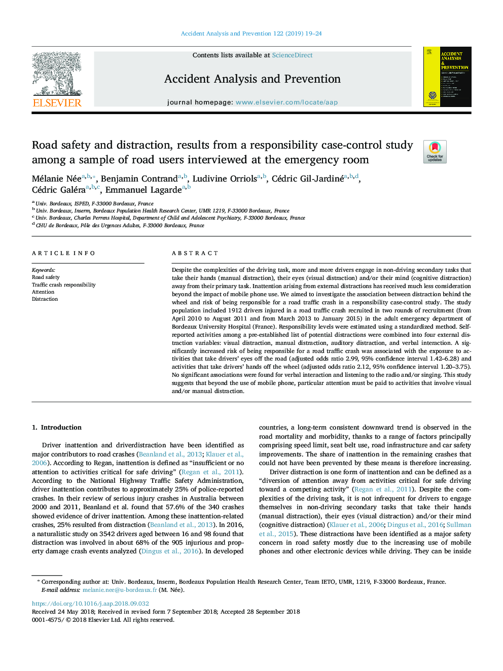 Road safety and distraction, results from a responsibility case-control study among a sample of road users interviewed at the emergency room