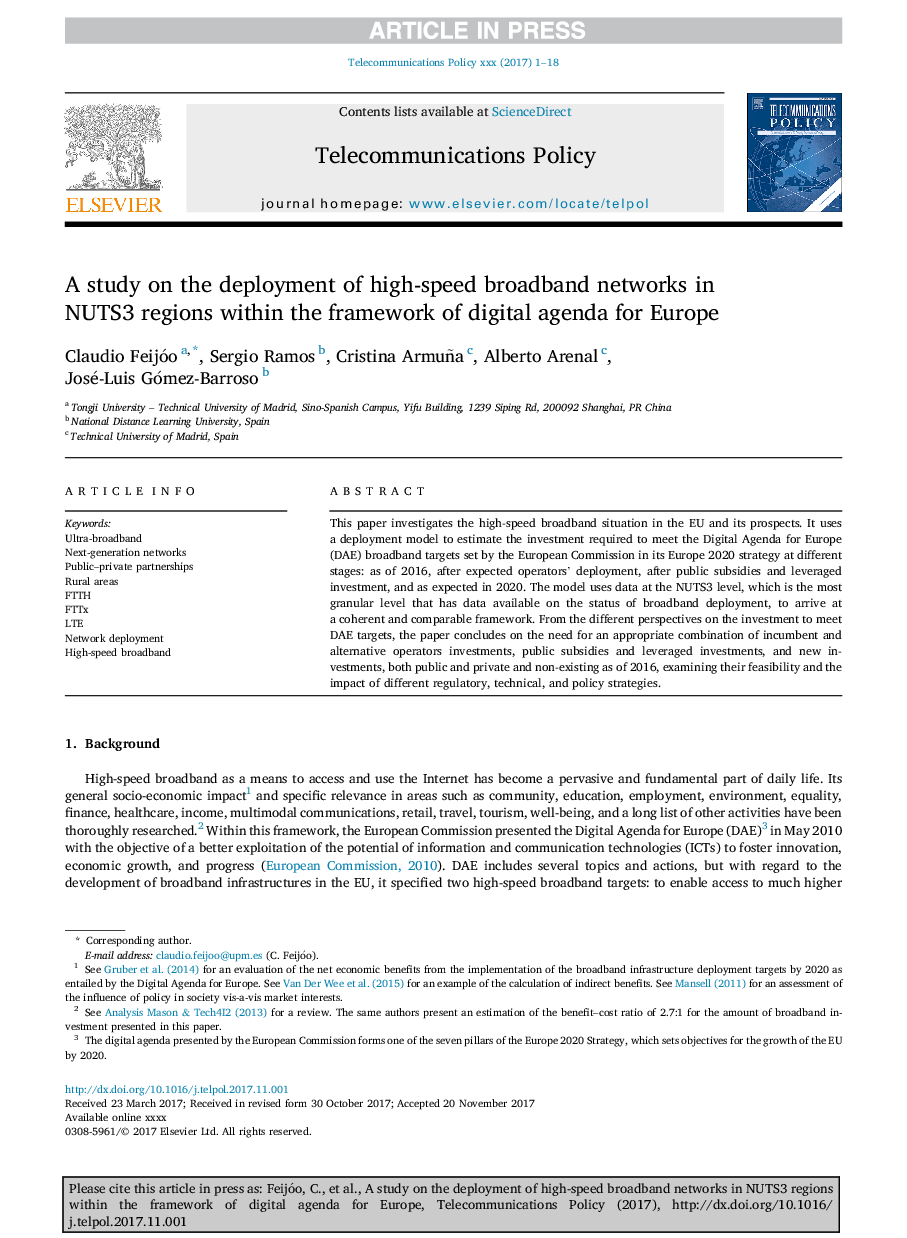 A study on the deployment of high-speed broadband networks in NUTS3 regions within the framework of digital agenda for Europe