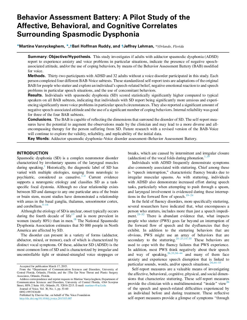 باتری ارزیابی رفتار: یک مطالعه مقدماتی از ارتباطات عاطفی، رفتاری و شناختی در اطراف دیس فونی اسپاسم