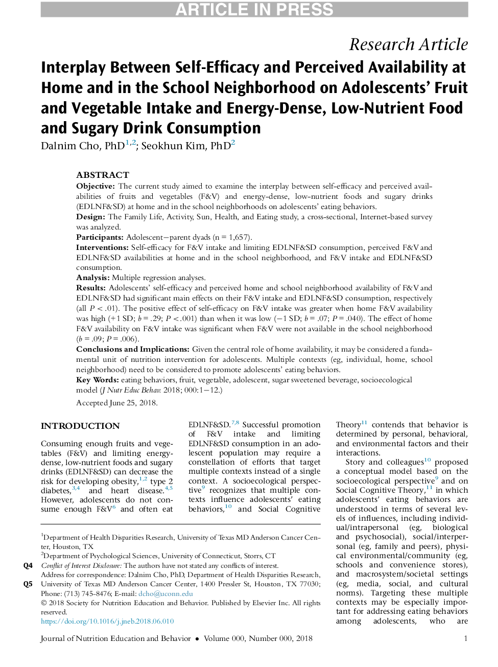 Interplay Between Self-Efficacy and Perceived Availability at Home and in the School Neighborhood on Adolescents' Fruit and Vegetable Intake and Energy-Dense, Low-Nutrient Food and Sugary Drink Consumption