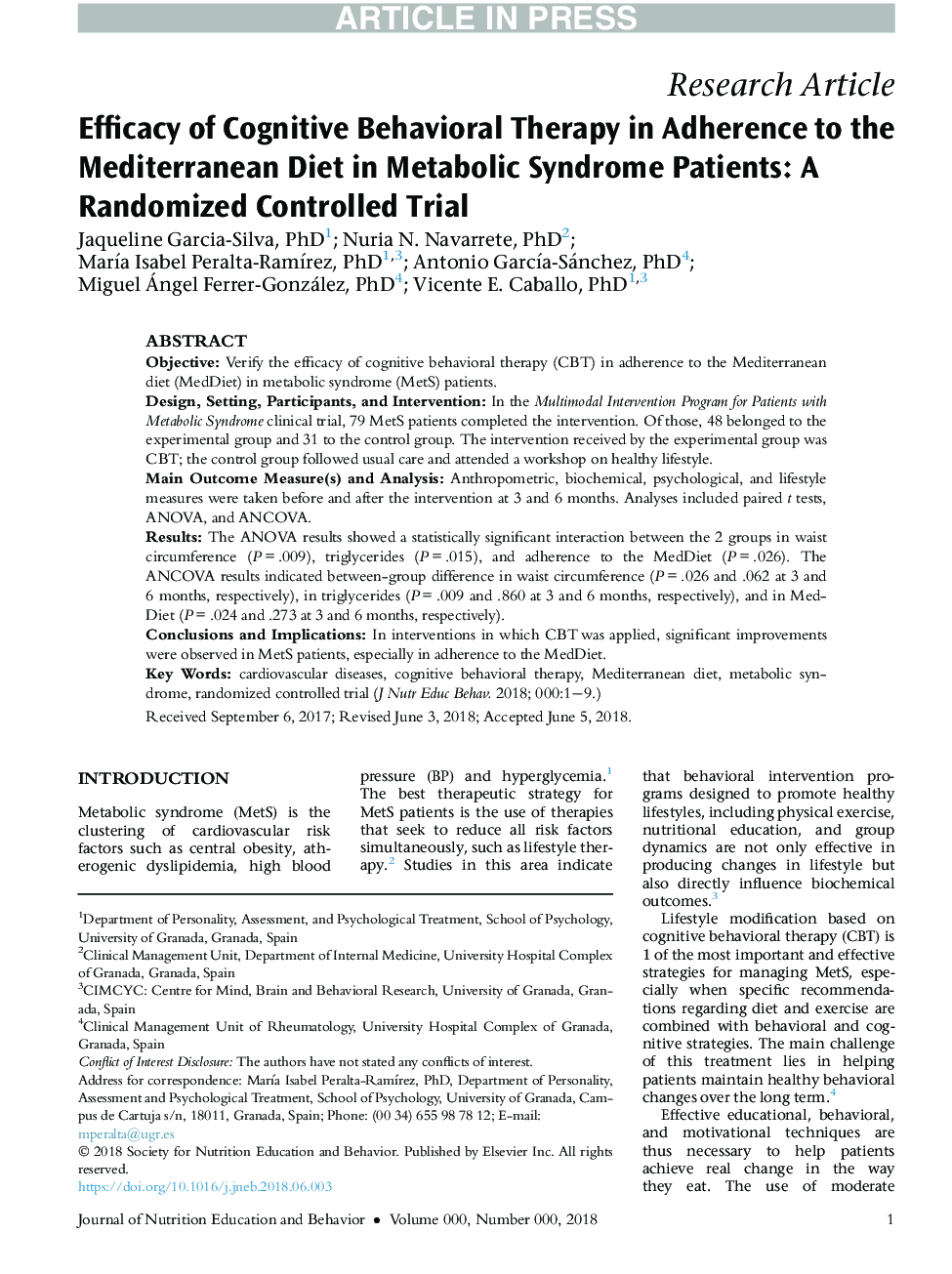 Efficacy of Cognitive Behavioral Therapy in Adherence to the Mediterranean Diet in Metabolic Syndrome Patients: A Randomized Controlled Trial