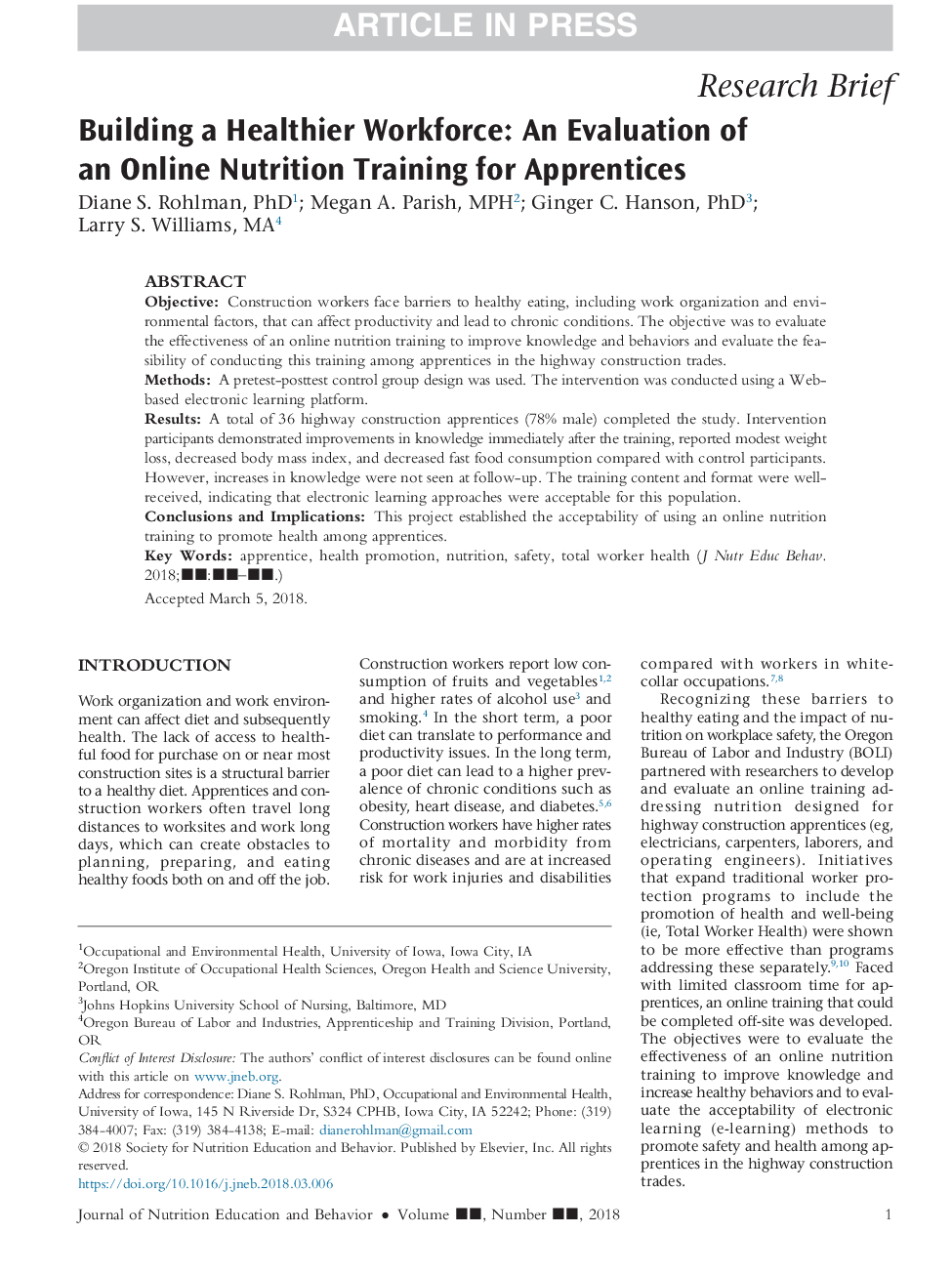 Building a Healthier Workforce: An Evaluation of an Online Nutrition Training for Apprentices