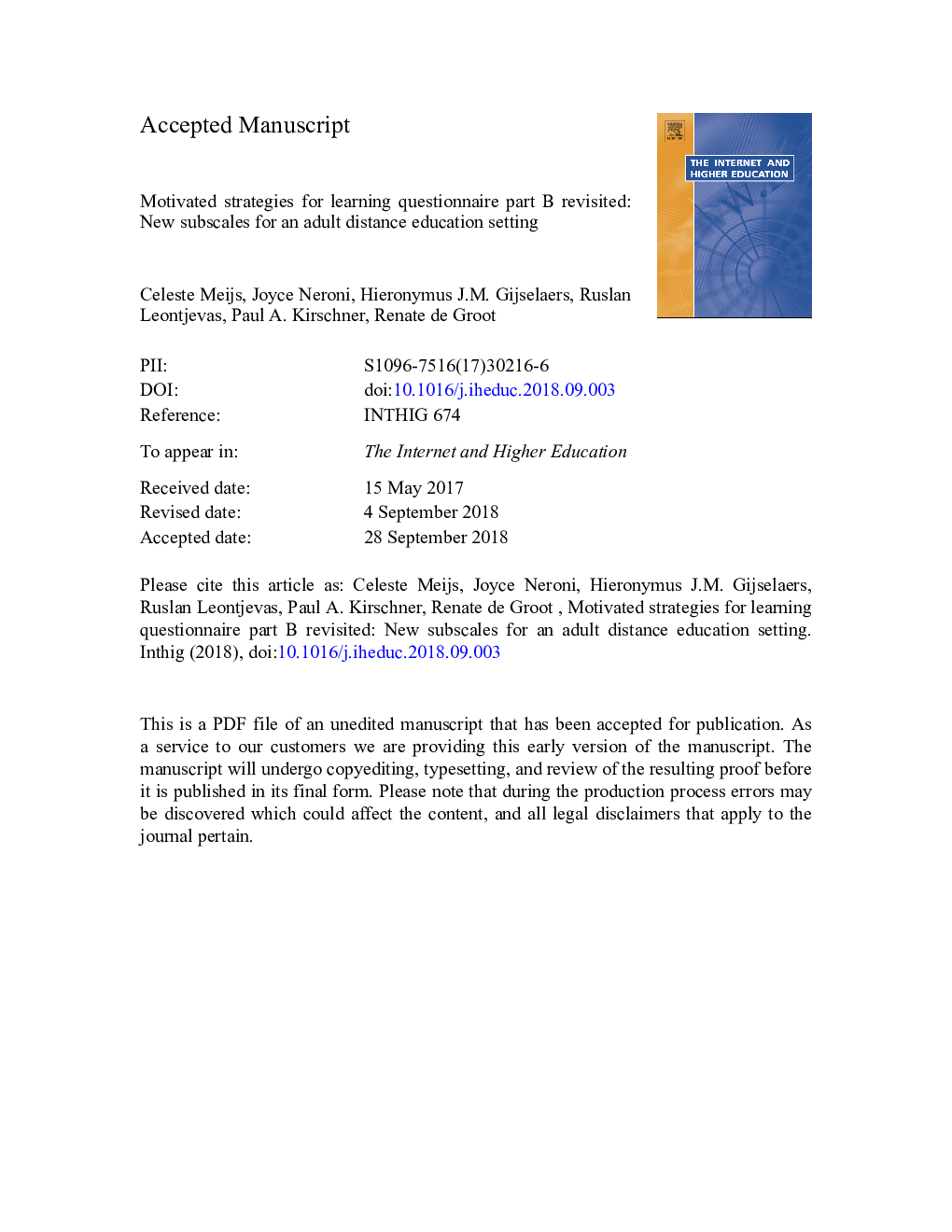 Motivated strategies for learning questionnaire part B revisited: New subscales for an adult distance education setting