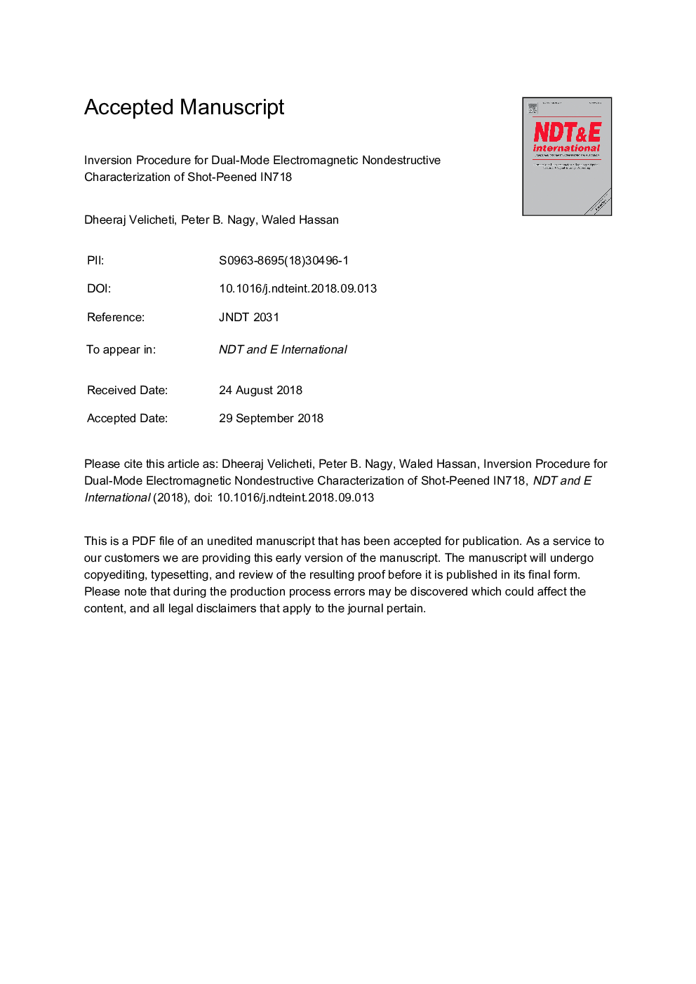 Inversion procedure for dual-mode electromagnetic nondestructive characterization of shot-peened IN718