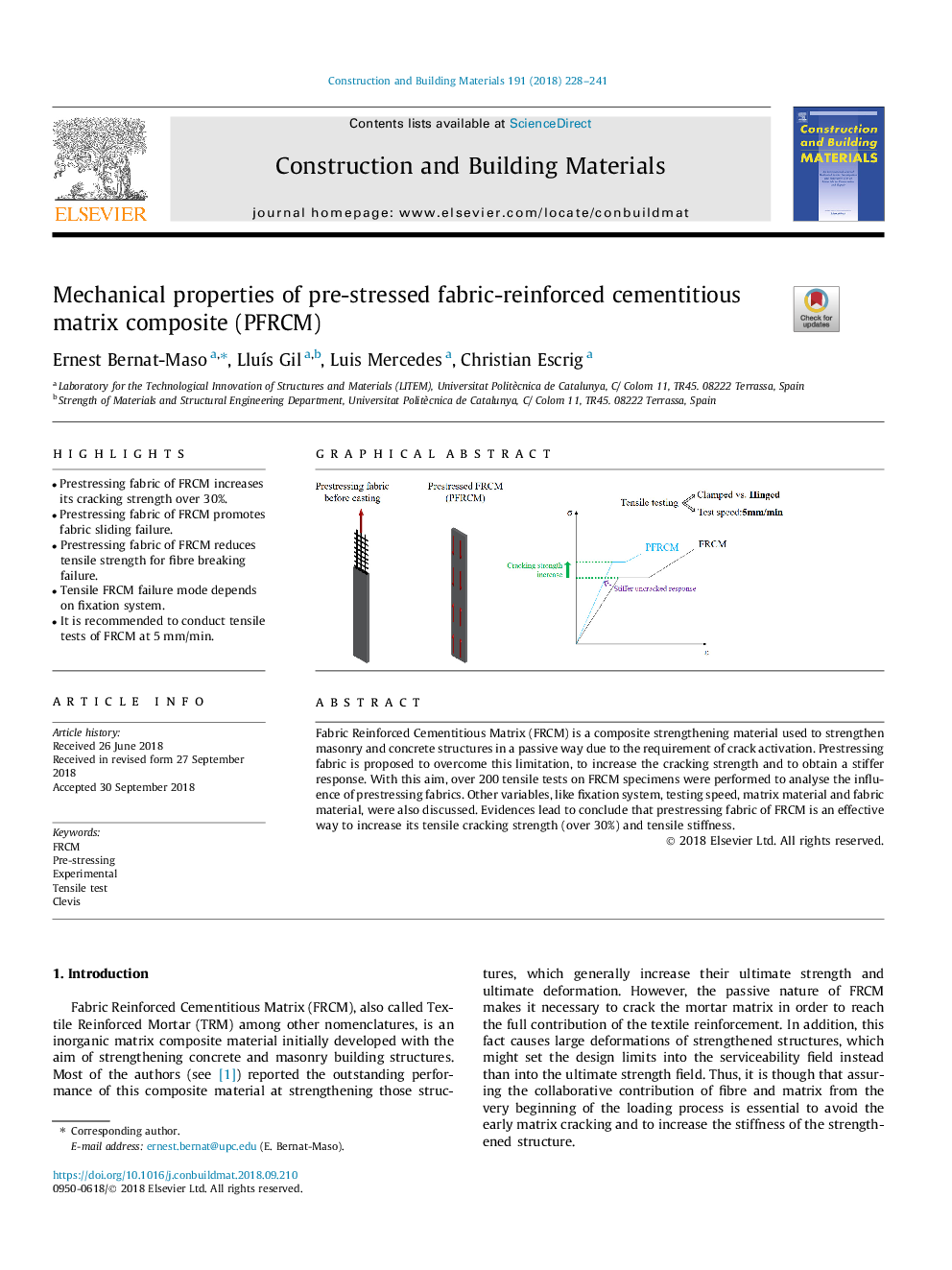 Mechanical properties of pre-stressed fabric-reinforced cementitious matrix composite (PFRCM)