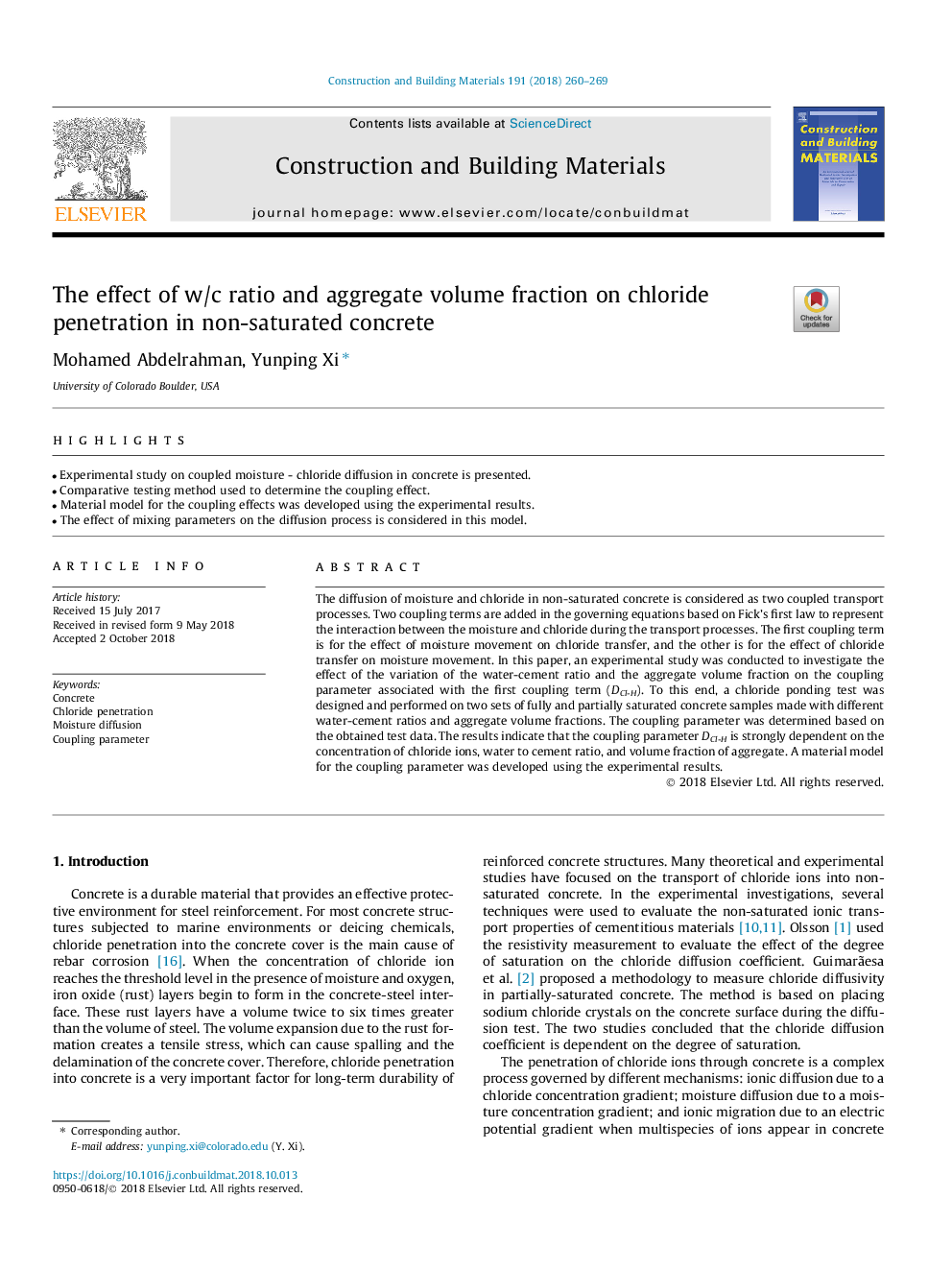 The effect of w/c ratio and aggregate volume fraction on chloride penetration in non-saturated concrete