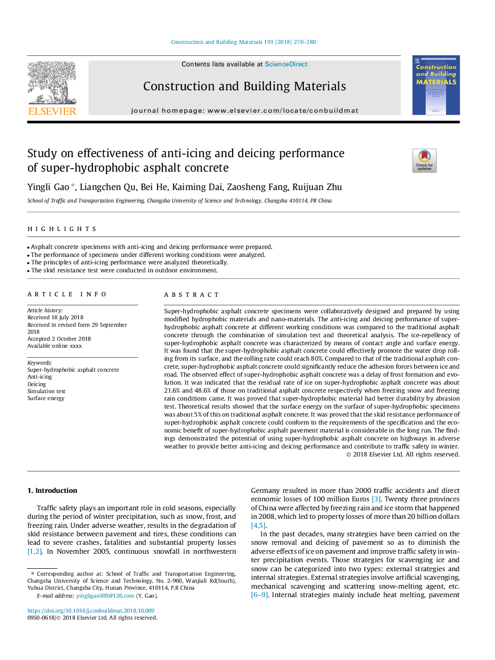 Study on effectiveness of anti-icing and deicing performance of super-hydrophobic asphalt concrete