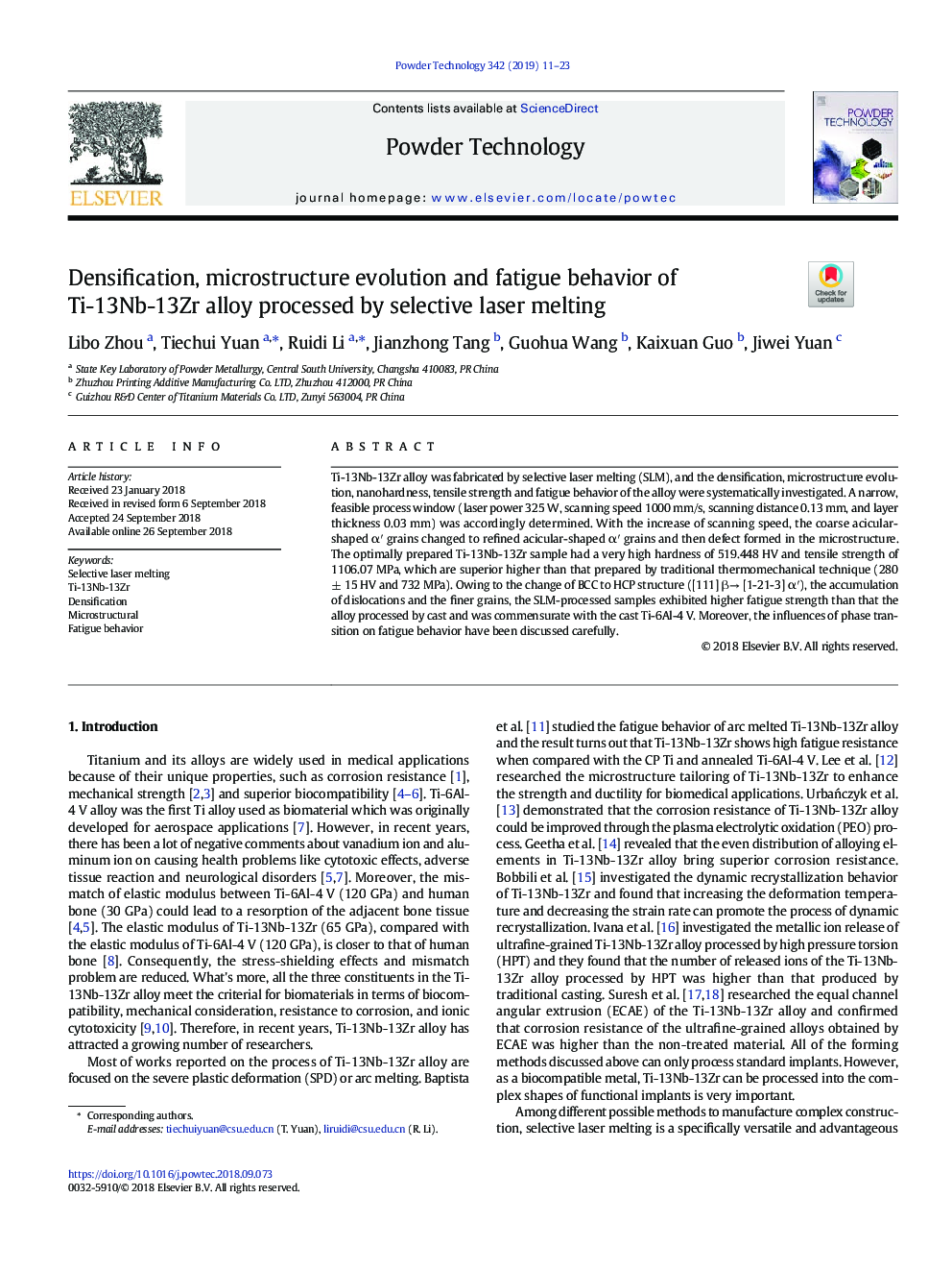 Densification, microstructure evolution and fatigue behavior of Ti-13Nb-13Zr alloy processed by selective laser melting