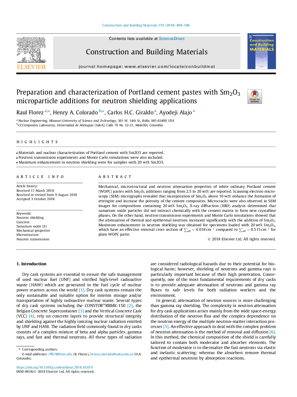 Preparation and characterization of Portland cement pastes with Sm2O3 microparticle additions for neutron shielding applications