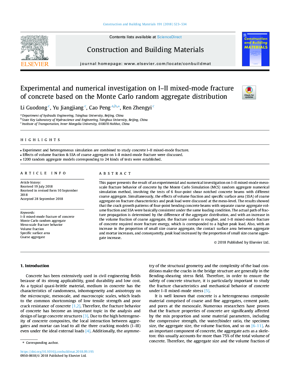 Experimental and numerical investigation on I-II mixed-mode fracture of concrete based on the Monte Carlo random aggregate distribution