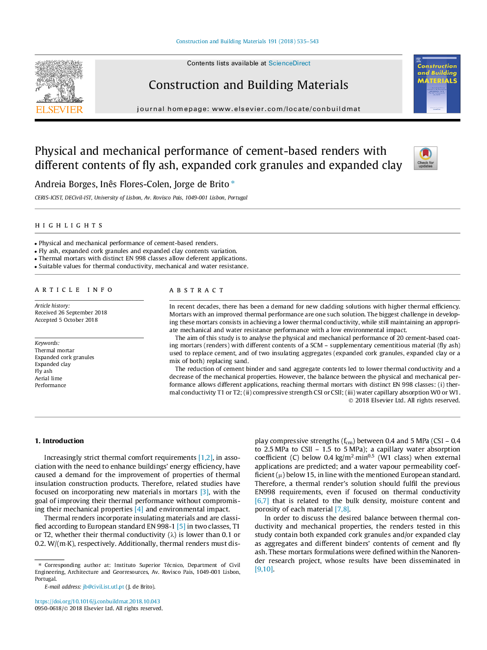 Physical and mechanical performance of cement-based renders with different contents of fly ash, expanded cork granules and expanded clay