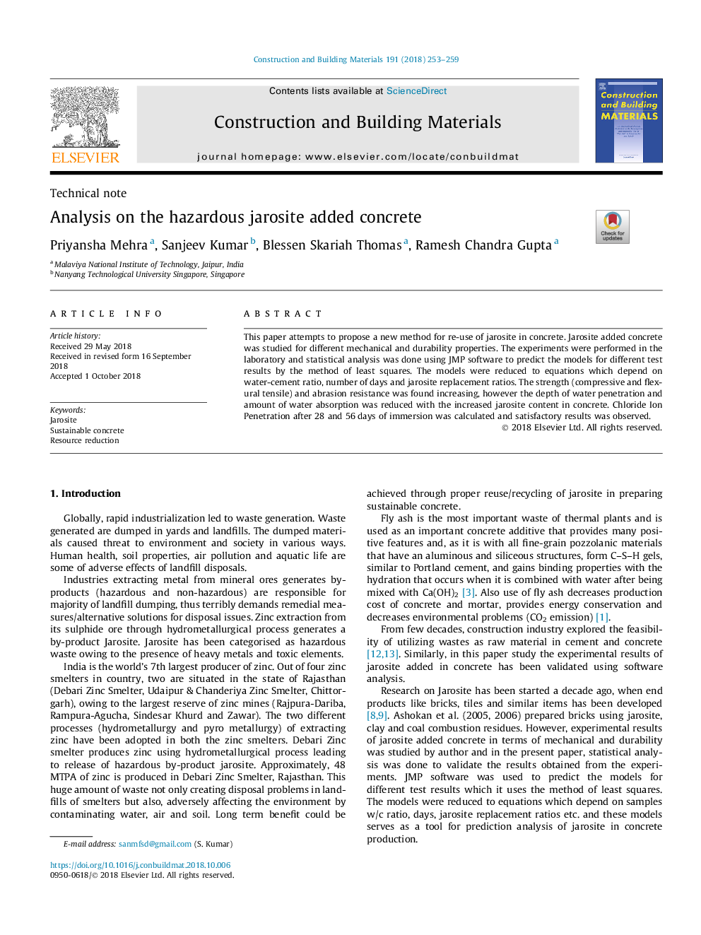 Analysis on the hazardous jarosite added concrete