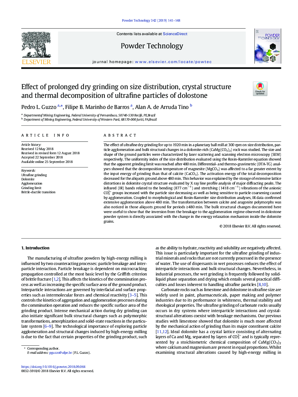 Effect of prolonged dry grinding on size distribution, crystal structure and thermal decomposition of ultrafine particles of dolostone