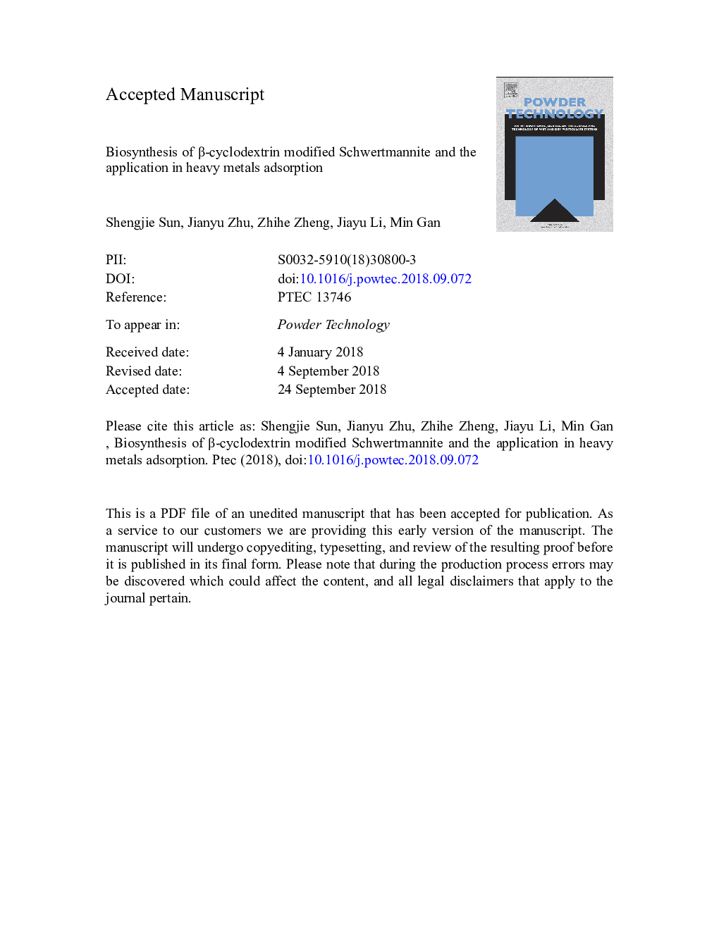 Biosynthesis of Î²-cyclodextrin modified Schwertmannite and the application in heavy metals adsorption