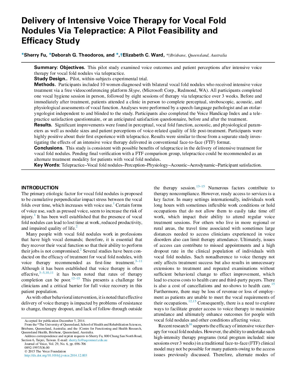 تحویل درمان صدا فشرده برای نودولهای افتادگی آوازی از طریق راه دور: مطالعه امکان سنجی و اثربخشی خلبان 