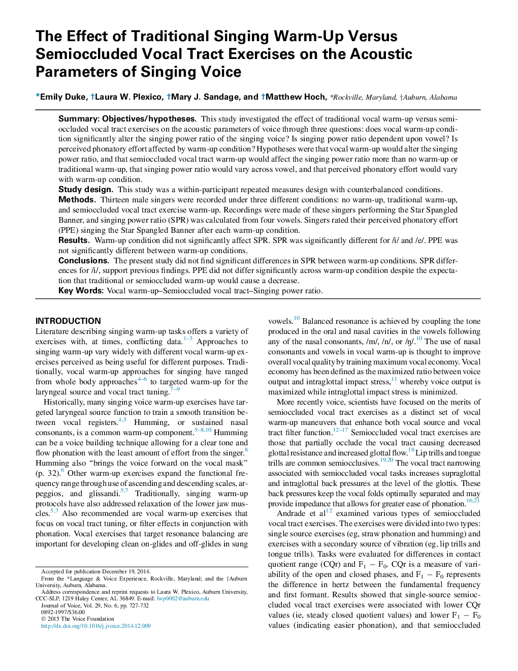 The Effect of Traditional Singing Warm-Up Versus Semioccluded Vocal Tract Exercises on the Acoustic Parameters of Singing Voice