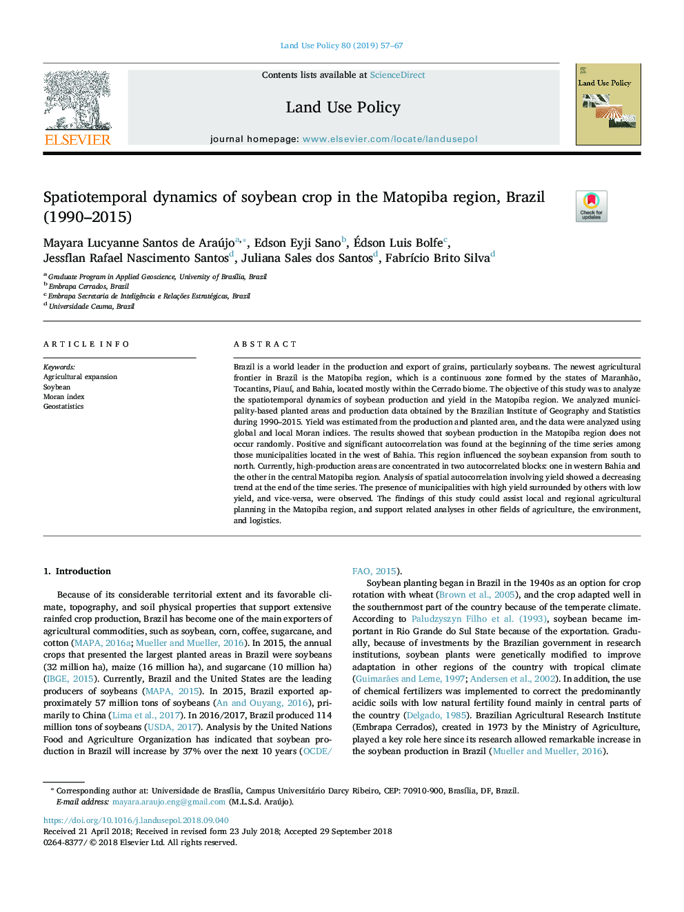 Spatiotemporal dynamics of soybean crop in the Matopiba region, Brazil (1990-2015)