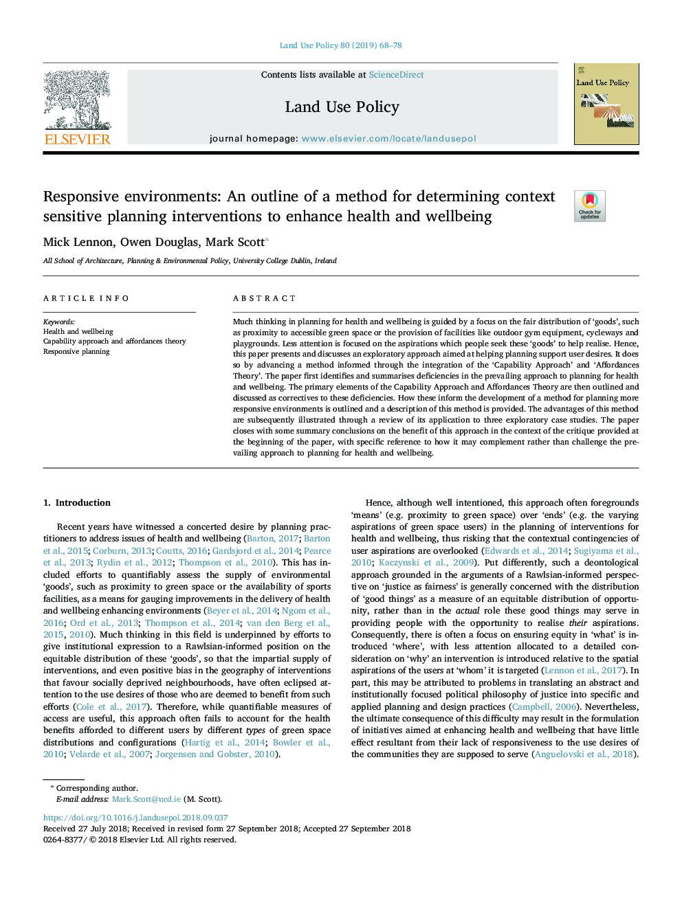 Responsive environments: An outline of a method for determining context sensitive planning interventions to enhance health and wellbeing