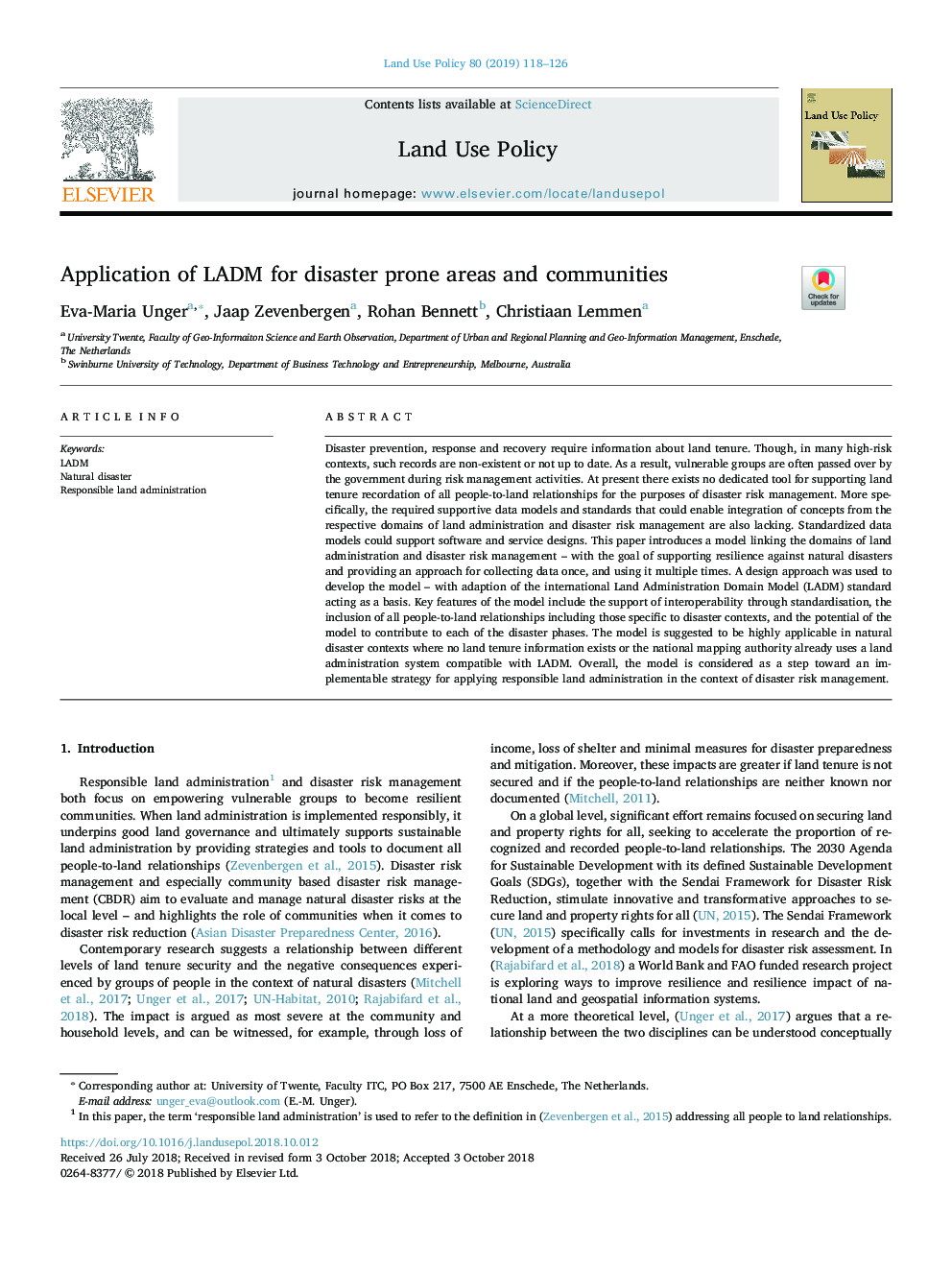 Application of LADM for disaster prone areas and communities