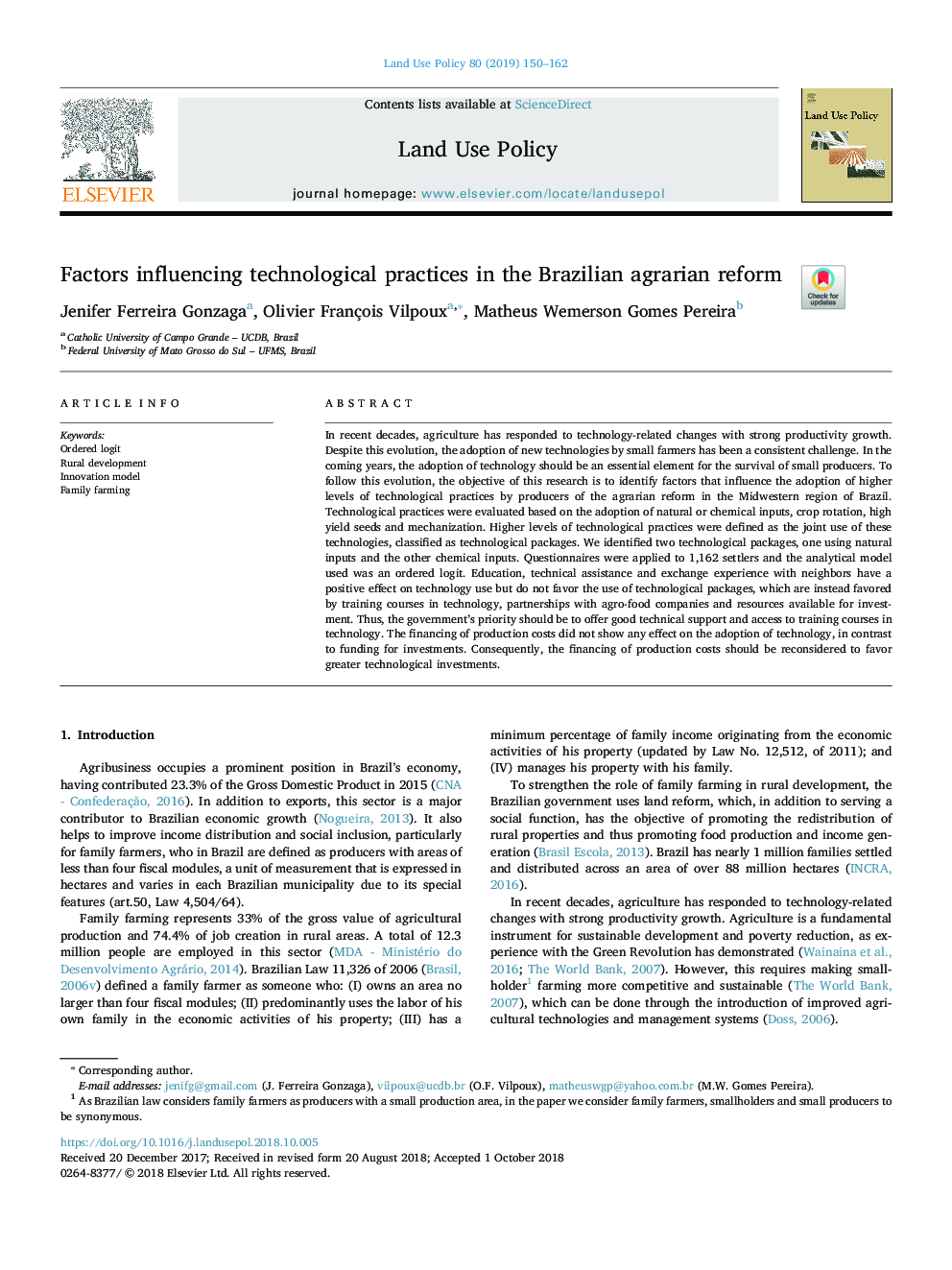 Factors influencing technological practices in the Brazilian agrarian reform