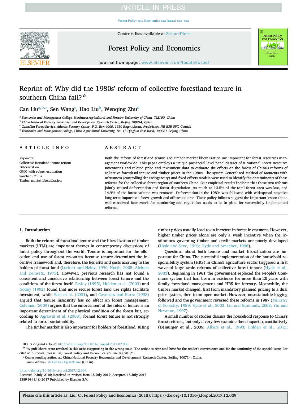 Reprint of: Why did the 1980s' reform of collective forestland tenure in southern China fail?