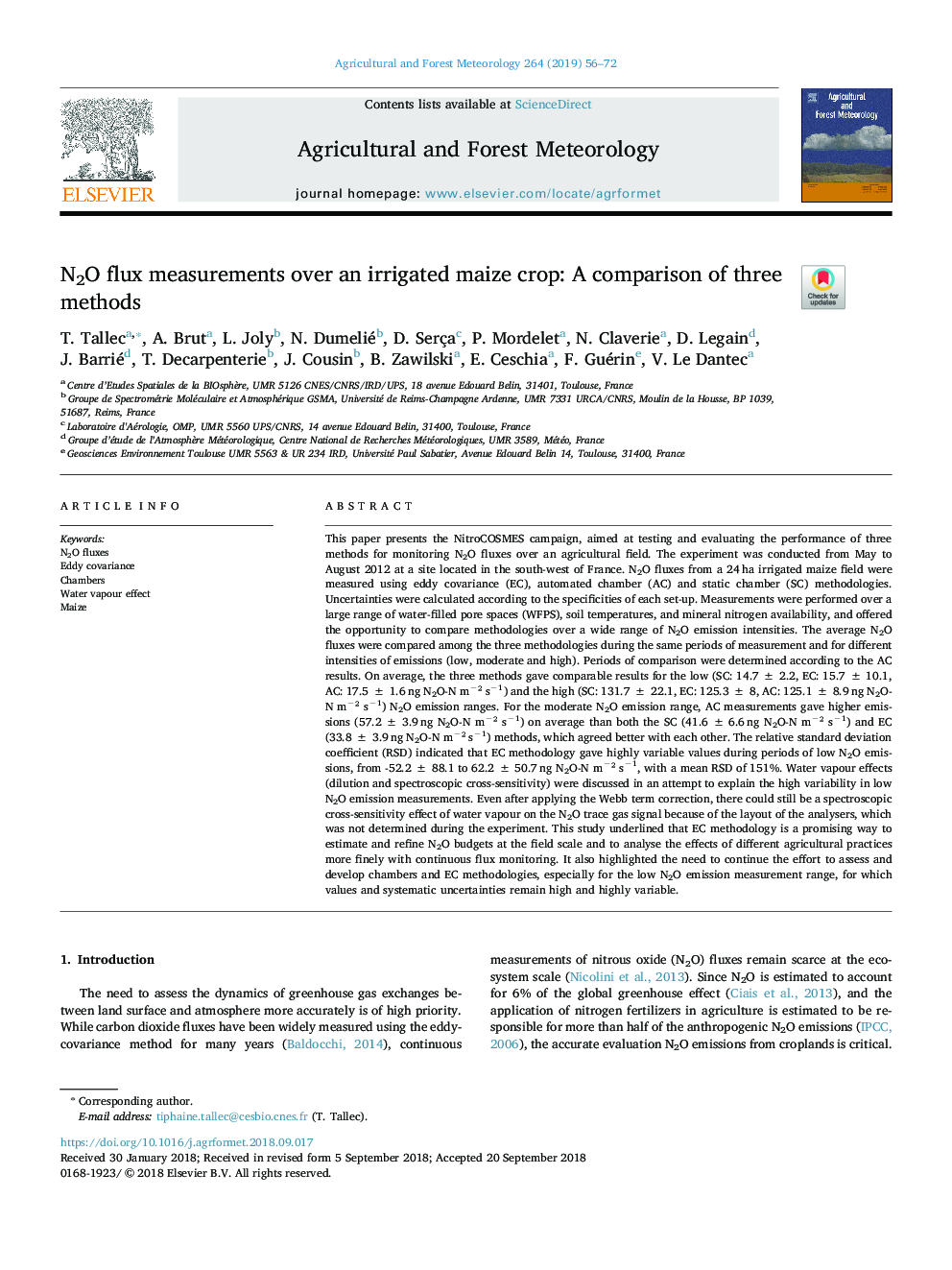 N2O flux measurements over an irrigated maize crop: A comparison of three methods