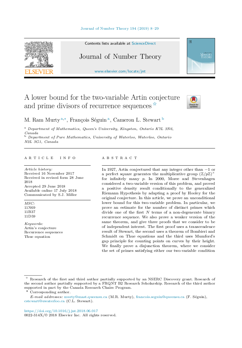 A lower bound for the two-variable Artin conjecture and prime divisors of recurrence sequences