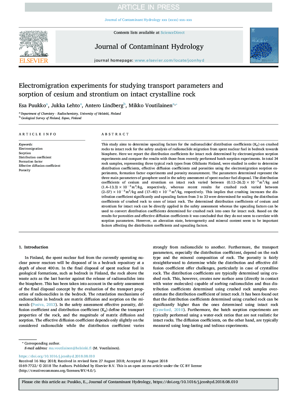 Electromigration experiments for studying transport parameters and sorption of cesium and strontium on intact crystalline rock