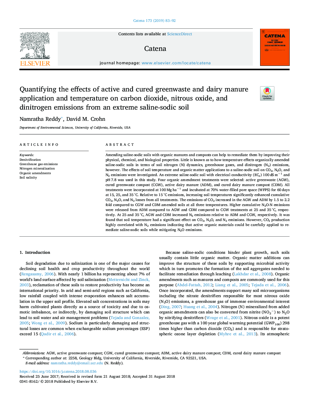 Quantifying the effects of active and cured greenwaste and dairy manure application and temperature on carbon dioxide, nitrous oxide, and dinitrogen emissions from an extreme saline-sodic soil