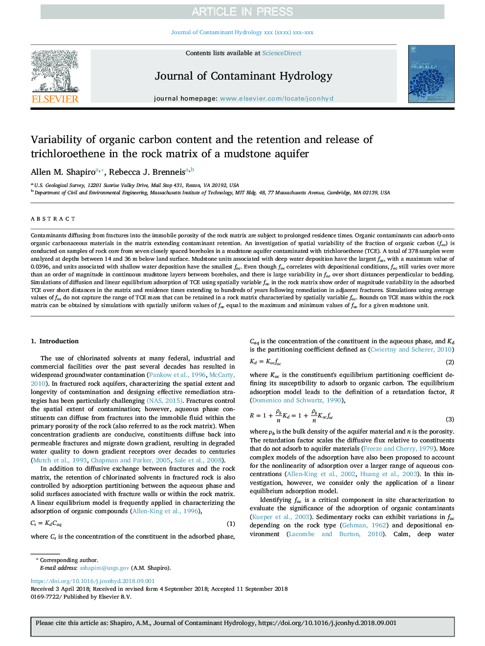 Variability of organic carbon content and the retention and release of trichloroethene in the rock matrix of a mudstone aquifer