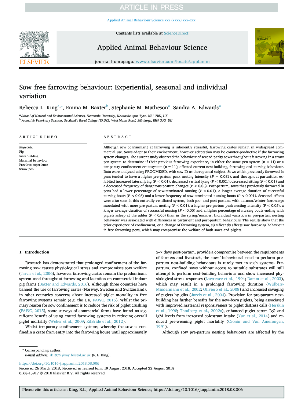 Sow free farrowing behaviour: Experiential, seasonal and individual variation