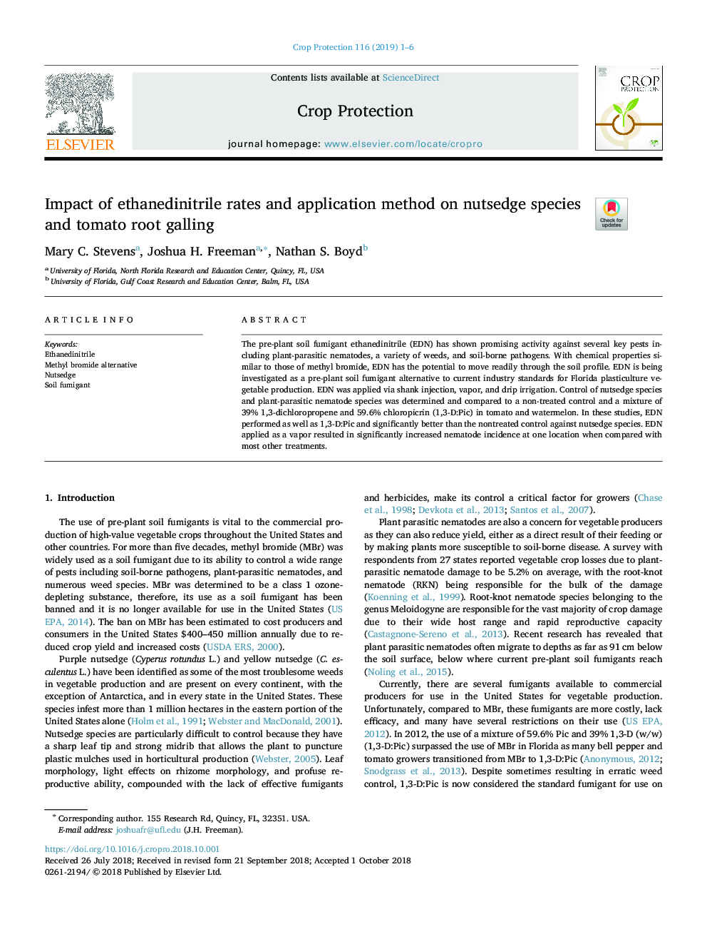 Impact of ethanedinitrile rates and application method on nutsedge species and tomato root galling