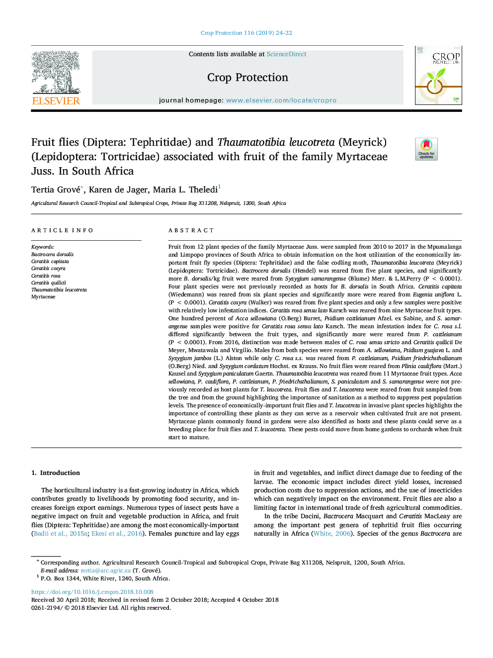 Fruit flies (Diptera: Tephritidae) and Thaumatotibia leucotreta (Meyrick) (Lepidoptera: Tortricidae) associated with fruit of the family Myrtaceae Juss. In South Africa