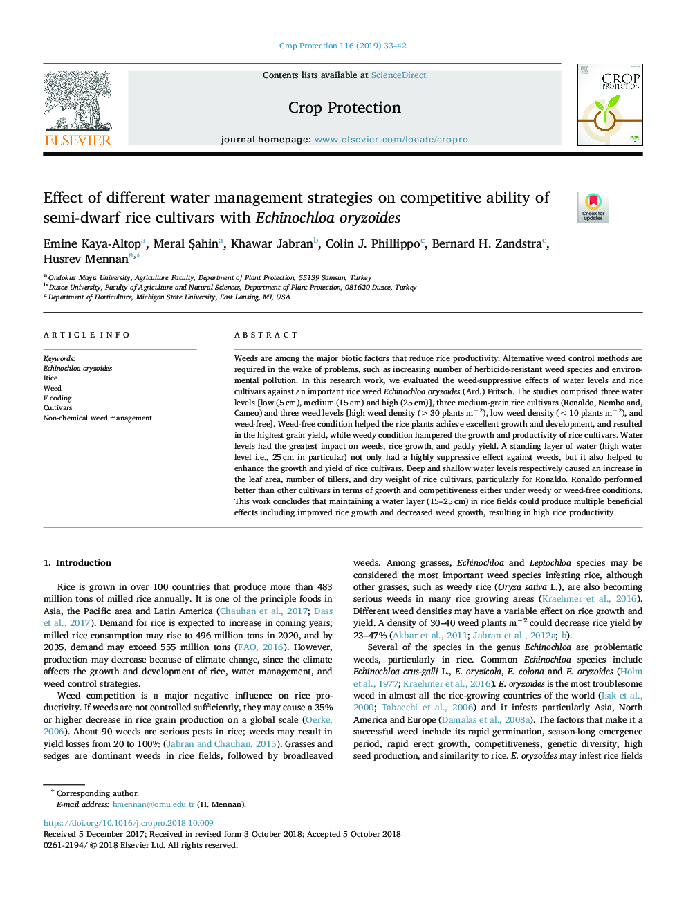 Effect of different water management strategies on competitive ability of semi-dwarf rice cultivars with Echinochloa oryzoides