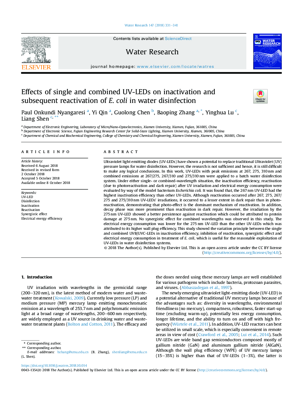 Effects of single and combined UV-LEDs on inactivation and subsequent reactivation of E.Â coli in water disinfection