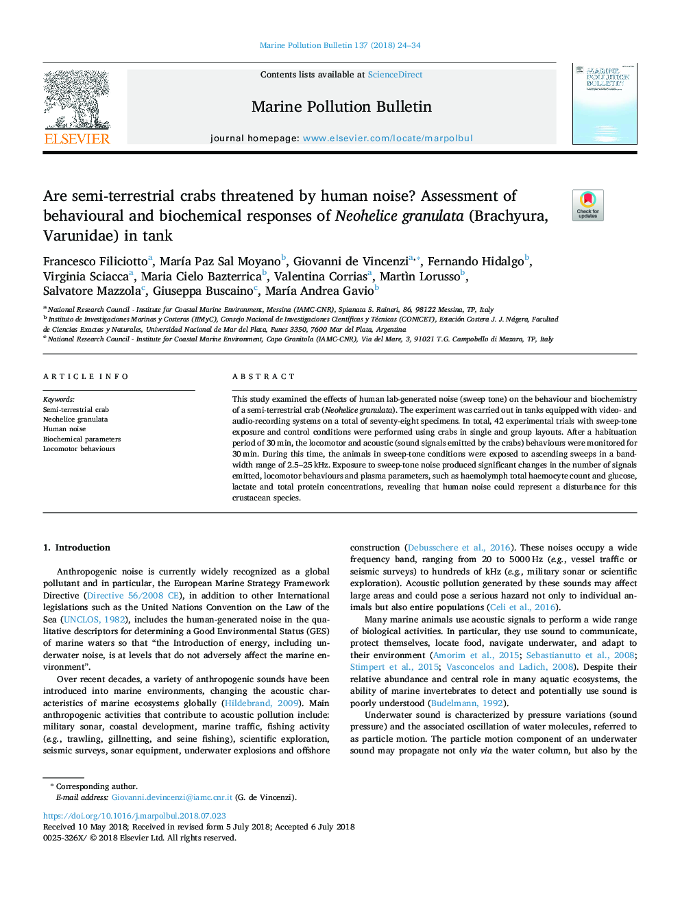 Are semi-terrestrial crabs threatened by human noise? Assessment of behavioural and biochemical responses of Neohelice granulata (Brachyura, Varunidae) in tank