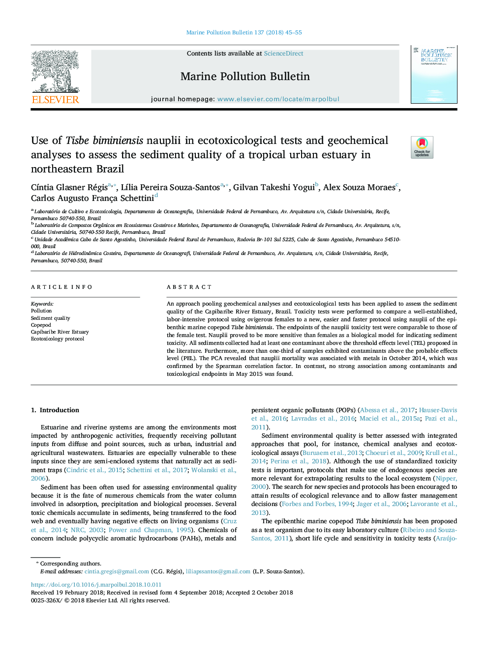 Use of Tisbe biminiensis nauplii in ecotoxicological tests and geochemical analyses to assess the sediment quality of a tropical urban estuary in northeastern Brazil