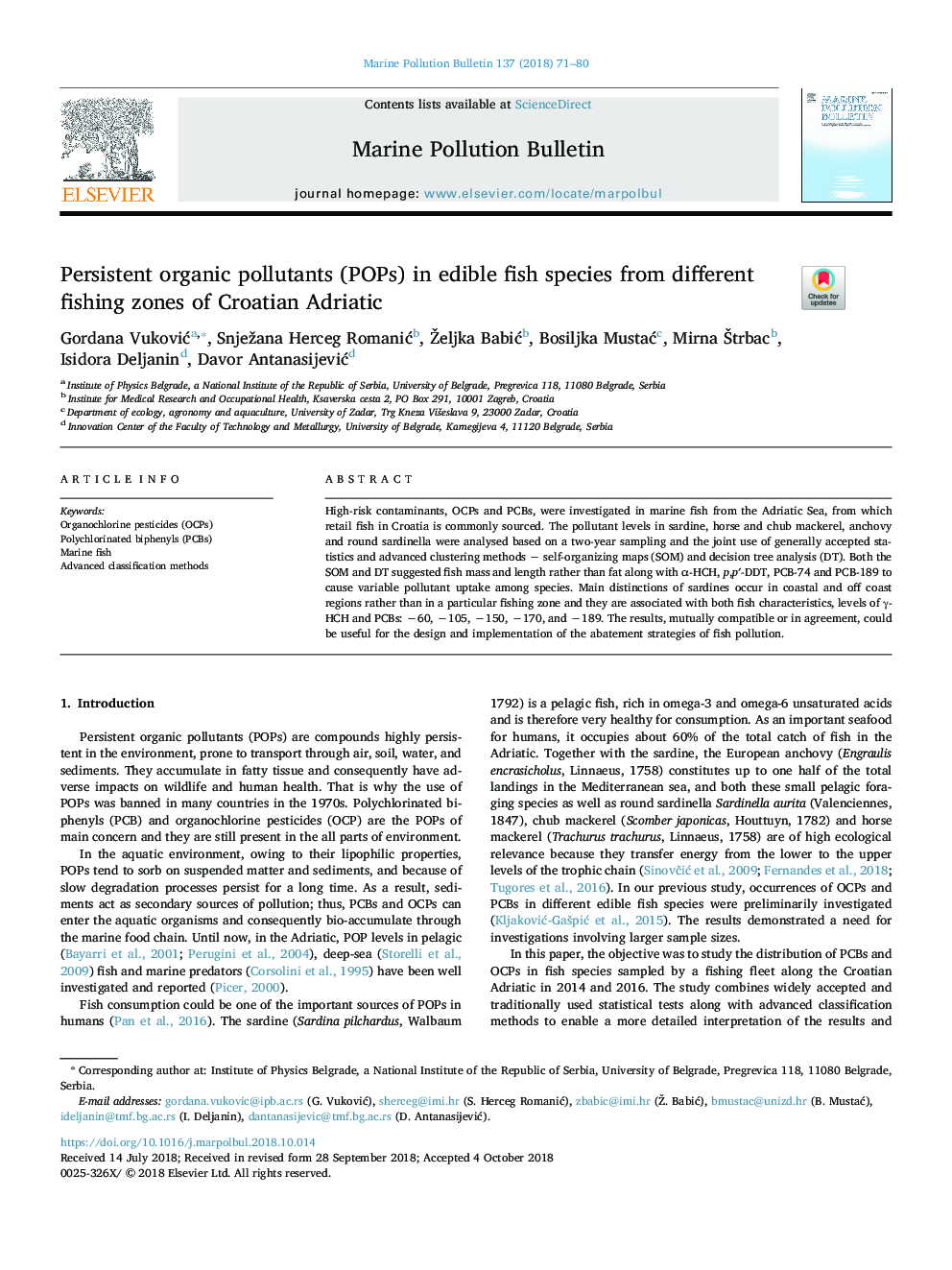 Persistent organic pollutants (POPs) in edible fish species from different fishing zones of Croatian Adriatic