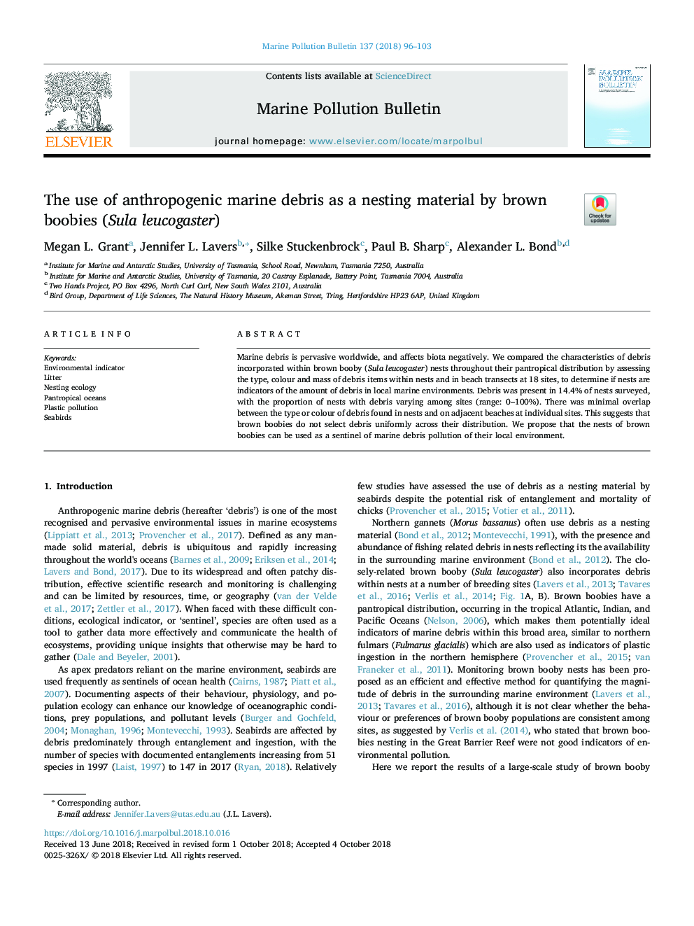 The use of anthropogenic marine debris as a nesting material by brown boobies (Sula leucogaster)