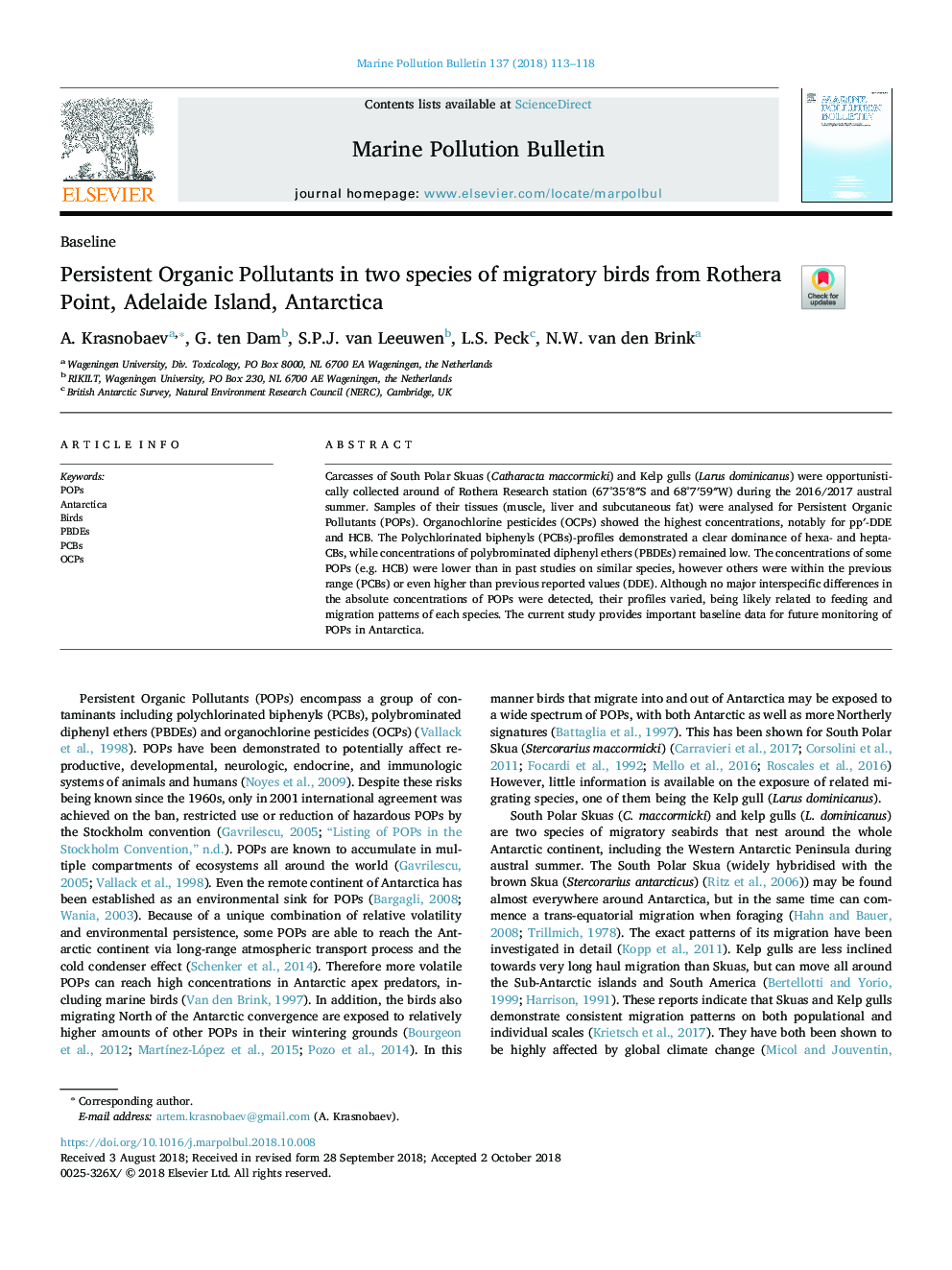 Persistent Organic Pollutants in two species of migratory birds from Rothera Point, Adelaide Island, Antarctica