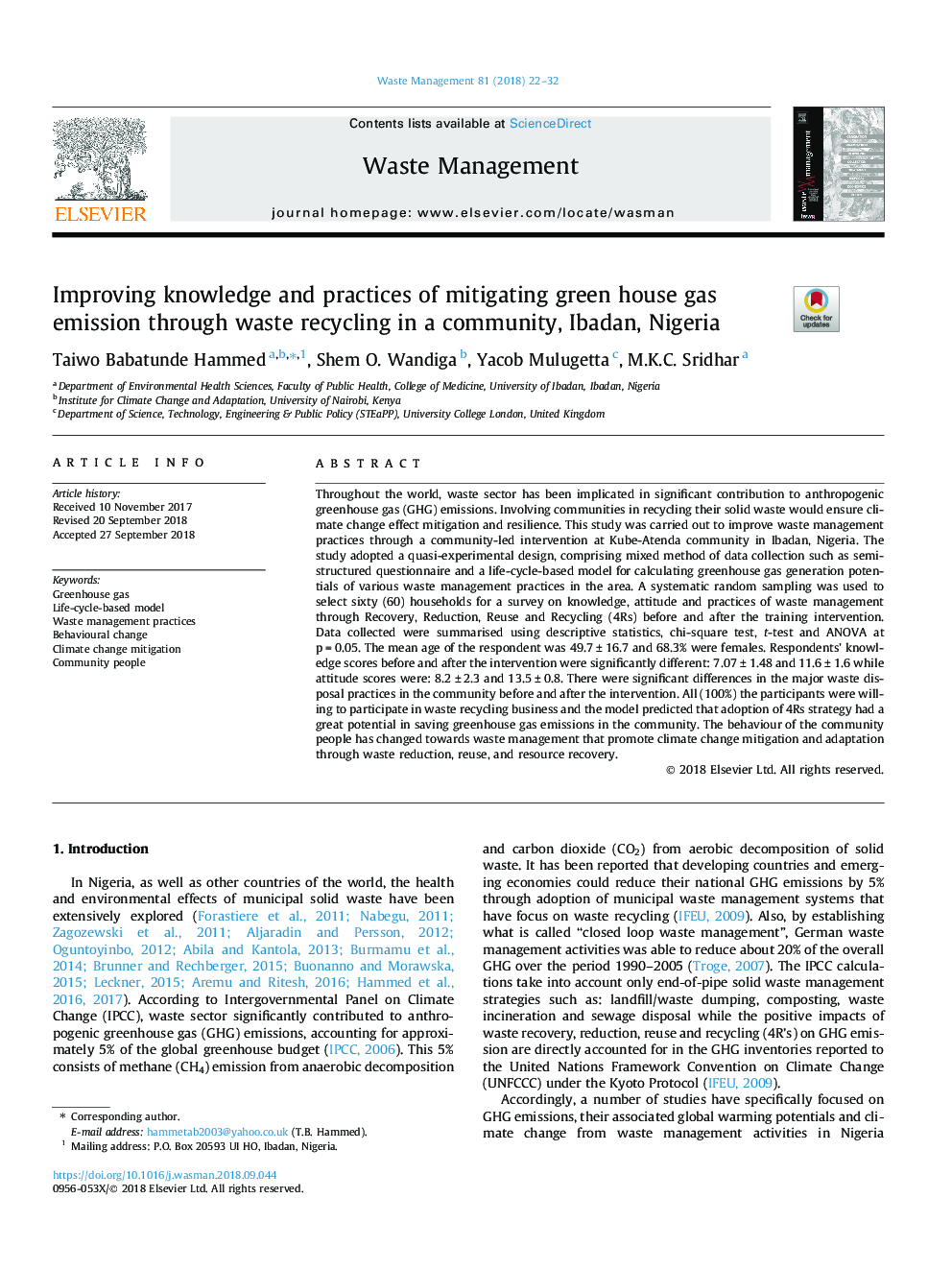 Improving knowledge and practices of mitigating green house gas emission through waste recycling in a community, Ibadan, Nigeria