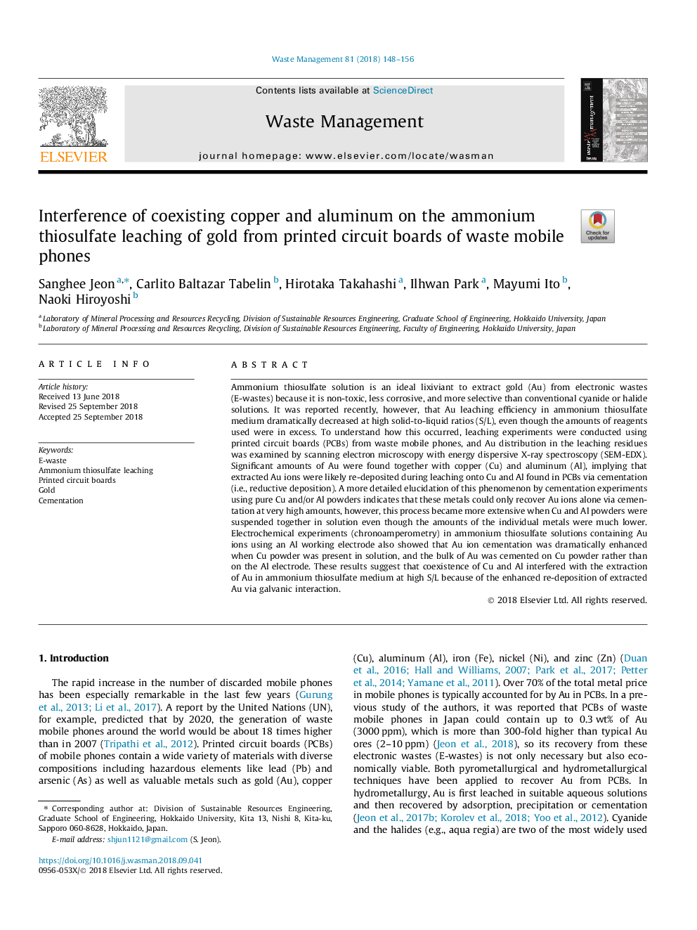 Interference of coexisting copper and aluminum on the ammonium thiosulfate leaching of gold from printed circuit boards of waste mobile phones