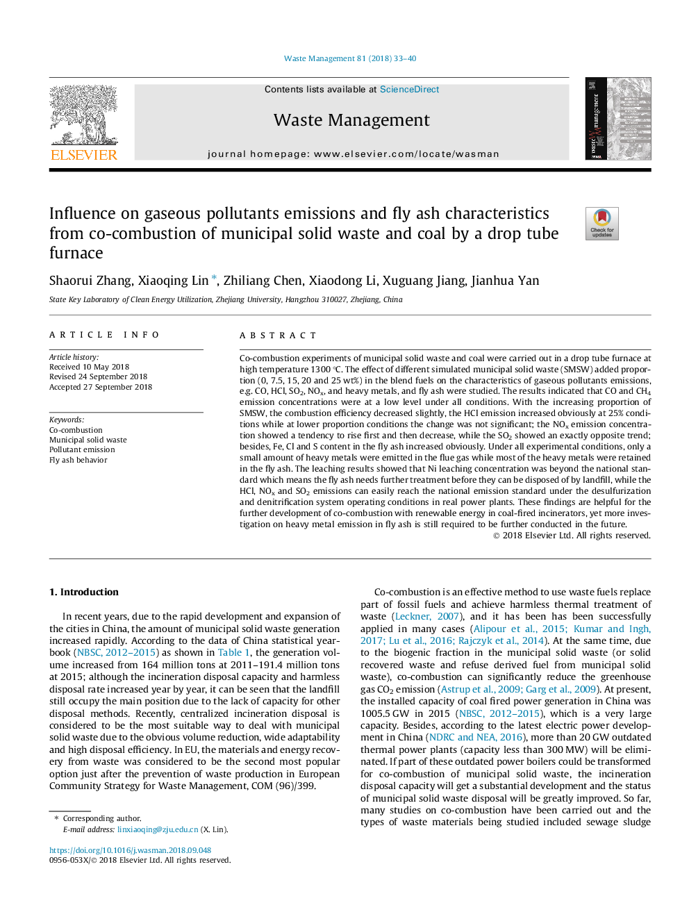 Influence on gaseous pollutants emissions and fly ash characteristics from co-combustion of municipal solid waste and coal by a drop tube furnace